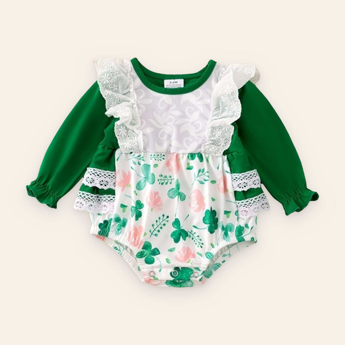 Clover Baby Romper long sleeve onesie with snaps for St. Patrick's Day in soft cotton blend
