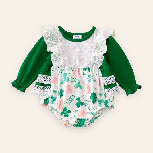 Clover Baby Romper long sleeve onesie with snaps for St. Patrick's Day in soft cotton blend