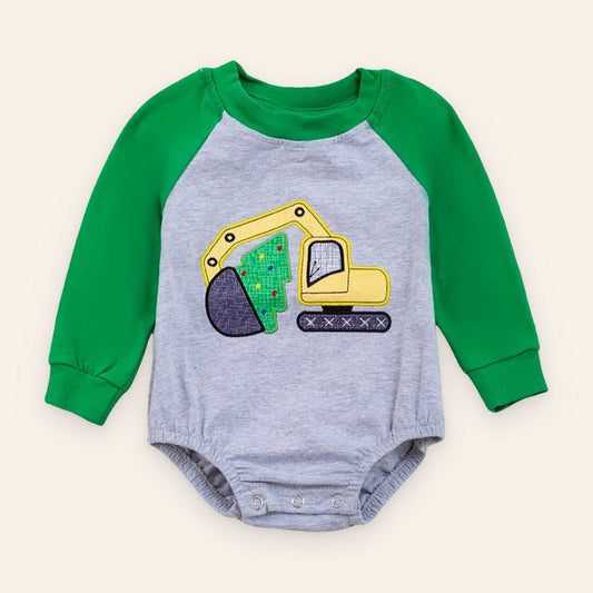 Baby onesie with green sleeves and gray body featuring a colorful excavator and Christmas tree appliqué, perfect for festive construction-themed wear.