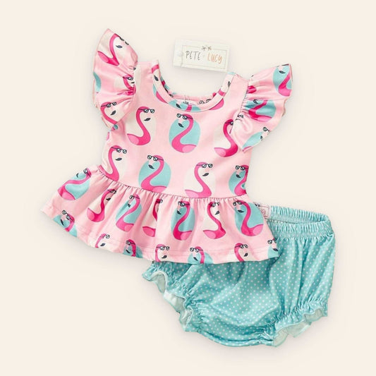 Cool Flamingo 2 Piece Set with pink flamingo print top and blue polka dot shorts.