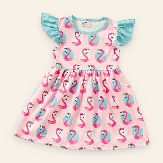 Cool Flamingo Dress for kids with colorful flamingo print and ruffled sleeves.