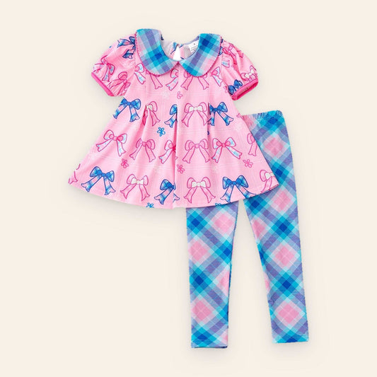 Coquette Bow Tunic with pink bow print and blue plaid leggings set for toddlers