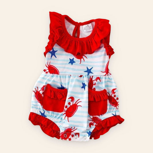Crab baby one piece with red trim, blue and white stripes, and cute crab print.