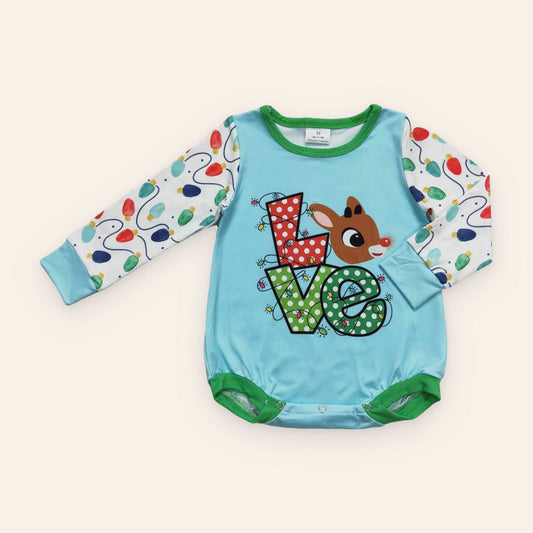 Deer Love Printed Christmas Romper, unisex baby romper in light blue with green trim, Christmas light print sleeves and a reindeer LOVE graphic.