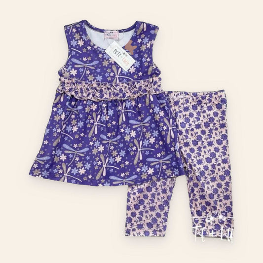 Dragon Fly Dreams Capri Set with purple floral and dragonfly print top and matching floral leggings