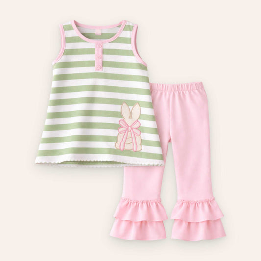 Green and white striped Easter Bunny Pant Set with pink ruffled bottoms for kids
