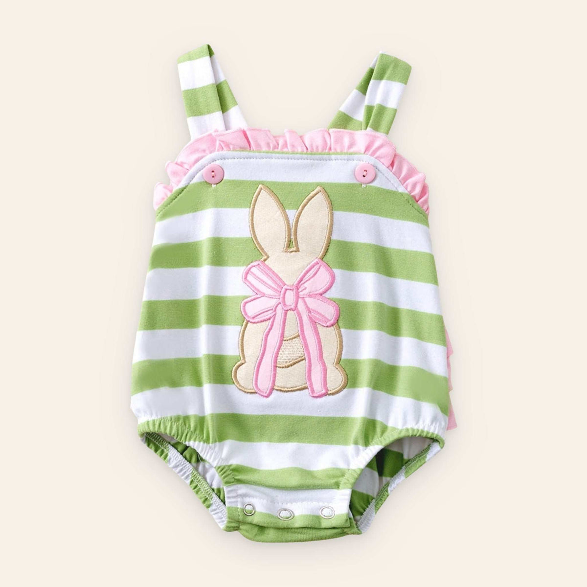 Green and white striped Easter bunny romper with snap closures for babies