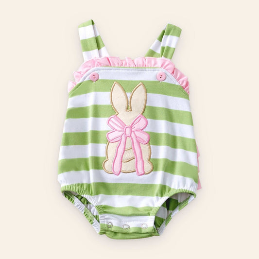 Green and white striped Easter bunny romper with snap closures for babies