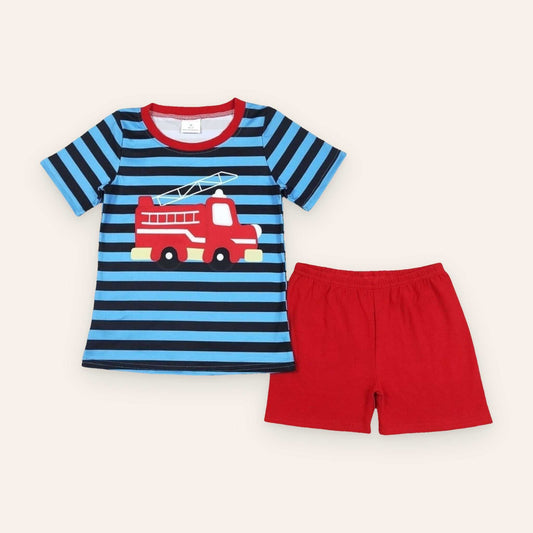 Firetruck shorts set with striped top and red shorts.