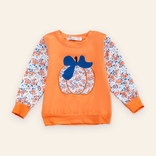 Orange toddler sweatshirt with floral pumpkin design and floral print sleeves, Garden Gourds Top for fall.