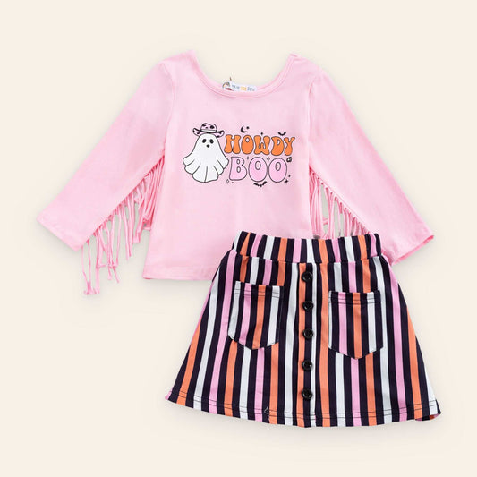 Howdy Boo Skirt Outfit pink ghost fringe top with striped skirt and front pockets Halloween set