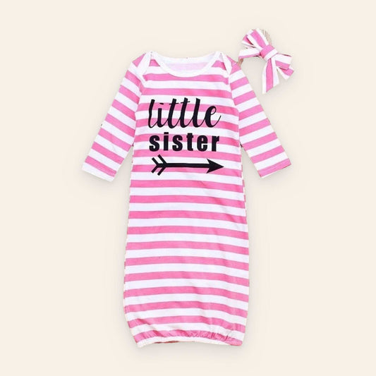 Little Sister pink striped gown set with matching headband.