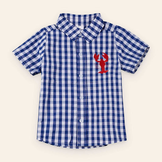 Navy blue gingham button up shirt for kids with red lobster embroidery.
