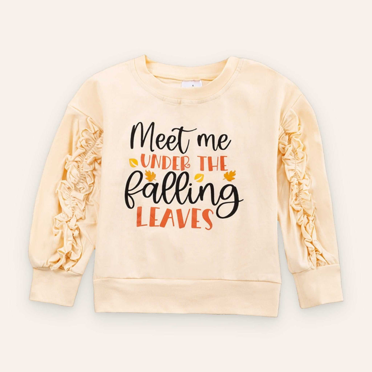 Meet Me Under The Falling Leaves Sweatshirt with ruffle sleeves, perfect for fall.