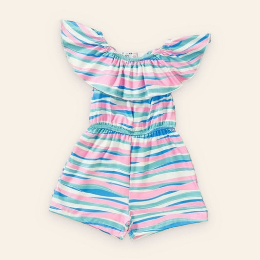 Ocean Breeze Jumpsuit with colorful stripes and flutter sleeves.