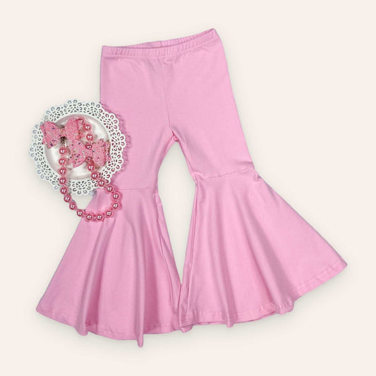 Pink bell bottom pants in soft cotton blend fabric.
