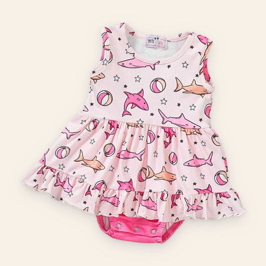 Pink Frenzy Romper baby girl sleeveless romper dress with shark and beach ball print