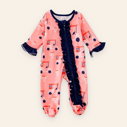 Pink golf romper for babies with zipper and ruffle trim, made of polyester and spandex blend