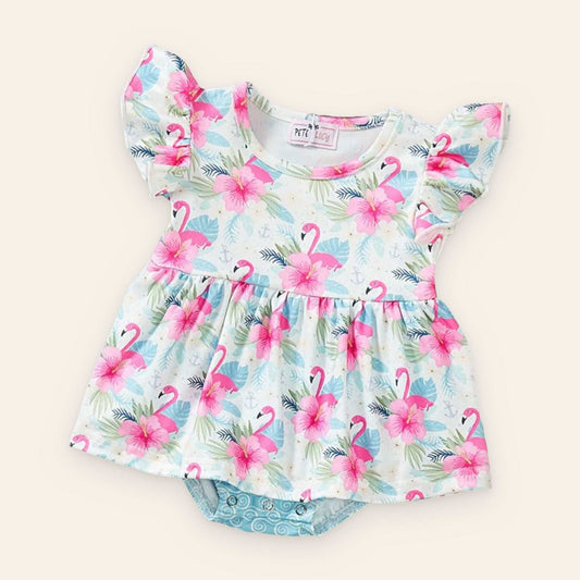 Pink Plumes & Blooms Romper with flutter sleeves and skirt accent.