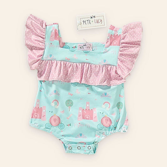 Princess Carriage Romper with ruffle accents, flutter sleeves, and castle print on a pastel color scheme.