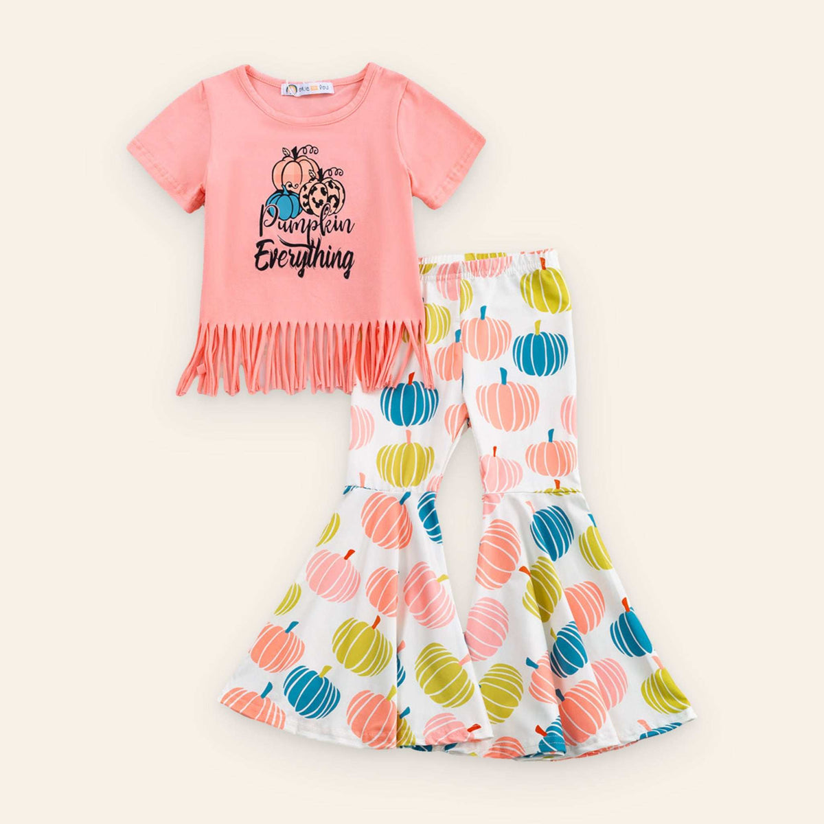 Toddler Pumpkin Everything Outfit with coral fringe top and multicolored pumpkin bell bottom pants