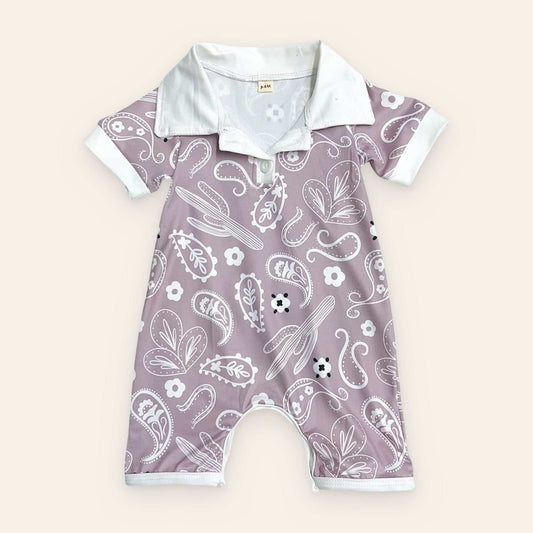 Purple fresco paisley printed baby romper with white collar and cuffs