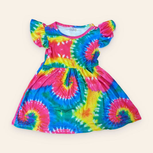 Rainbow Tie Dye Dress in vibrant colors with short sleeves.