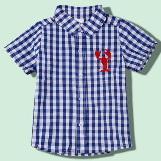 Navy blue gingham button up shirt for kids with red lobster embroidery.