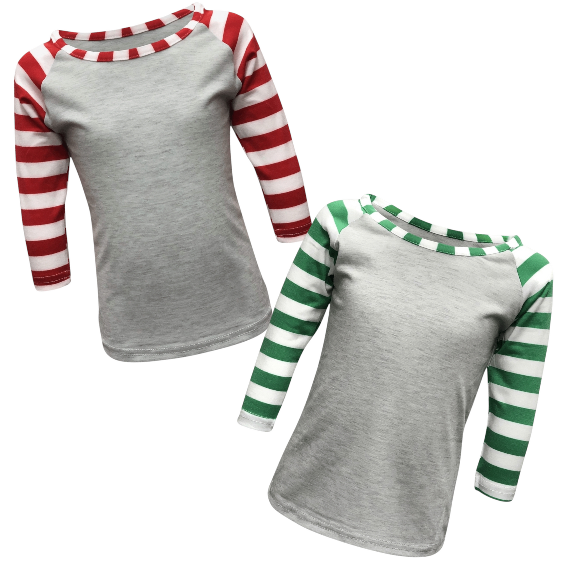 Gray Candy Cane Striped Top with red and green 3/4 sleeves made of polyester and spandex