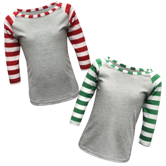 Gray Candy Cane Striped Top with red and green 3/4 sleeves made of polyester and spandex