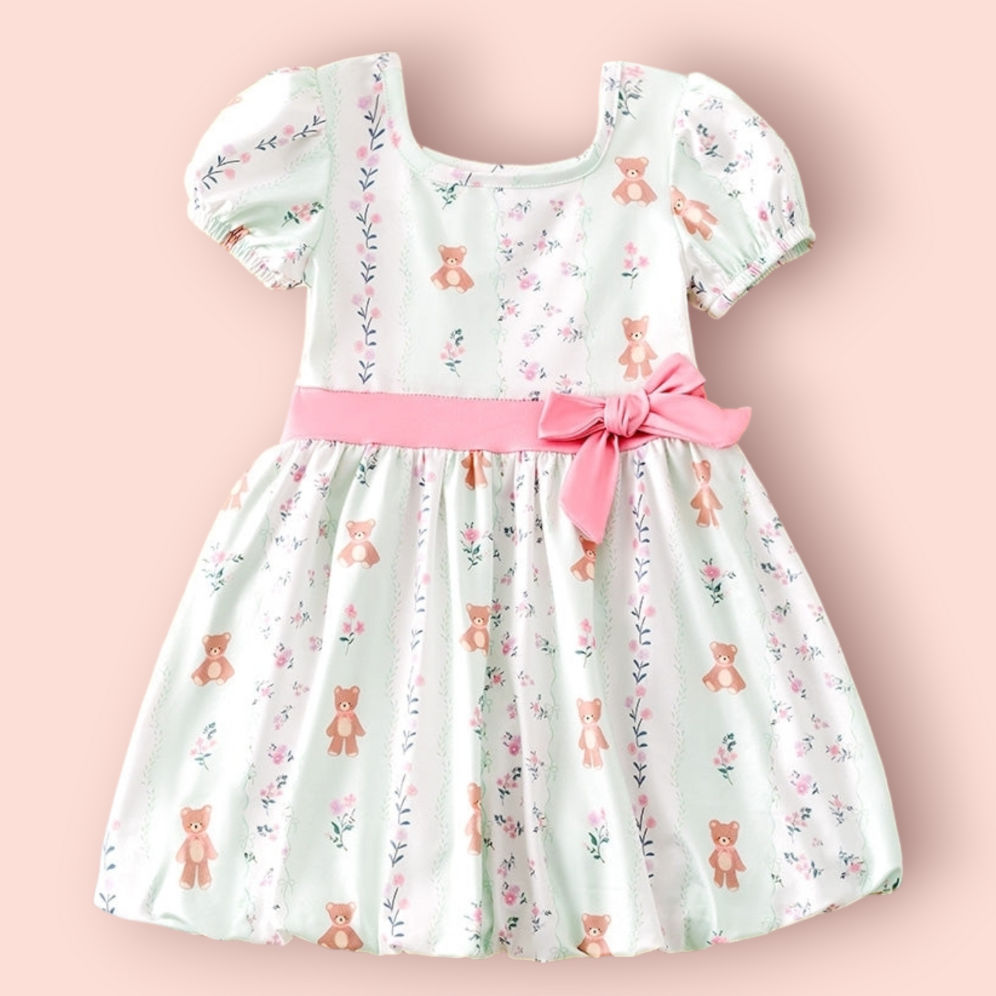 Teddy Bear Bubble Sleeve Dress with playful prints and side bow detail