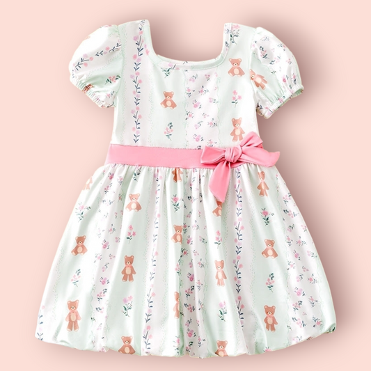 Teddy Bear Bubble Sleeve Dress with playful prints and side bow detail