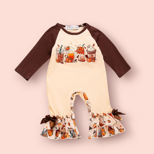 Cozy Cup Fall Romper with autumn drinks graphic, cream body, brown sleeves, ruffle leg details with pumpkins and bows.