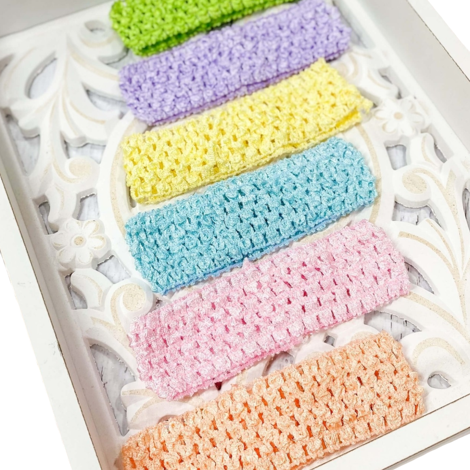 Ziva 5" headband pack of 6 pastel colors in light pink, peach, yellow, lime green, blue aqua, and lavender made of 100% polyester