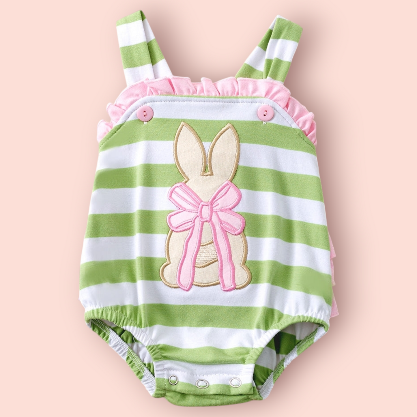 Green and white striped Easter bunny romper with snap closures for babies