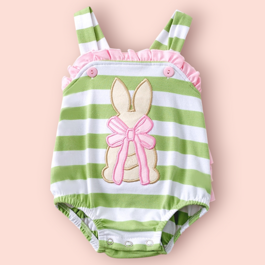 Green and white striped Easter bunny romper with snap closures for babies