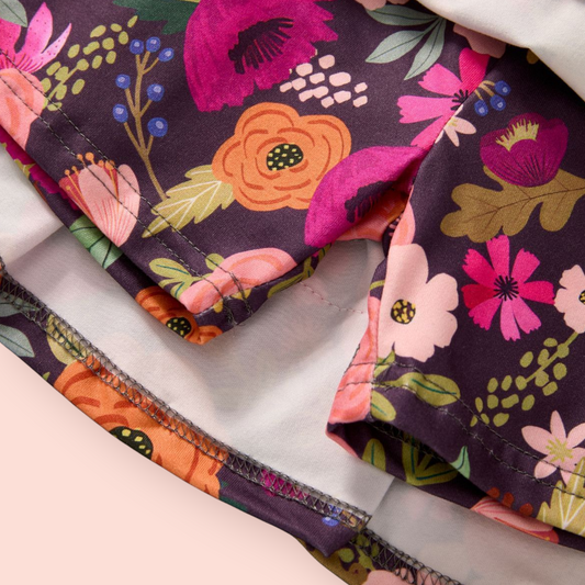 Close-up of Floral Fall Skort with vibrant multicolor floral pattern on polyester-spandex fabric