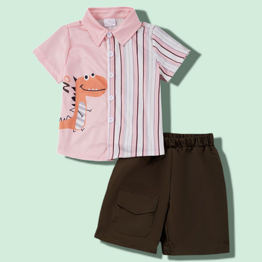 Alligator Boys Set with alligator print shirt and brown shorts on a light green background.