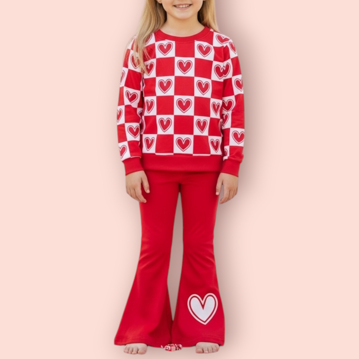 Kids heart sweatshirt and pants set made of cotton spandex blend with heart print