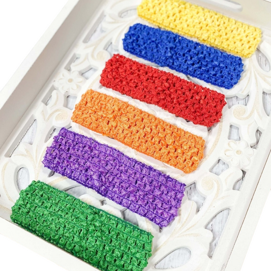 Ziva 1.5 inch headband pack in six bold colors including red, orange, yellow, green, blue, and purple made of 100% polyester