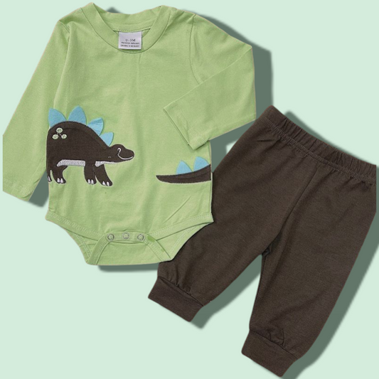 Green baby dinosaur two piece pant set with long sleeve bodysuit and brown pants, made of cotton and spandex.