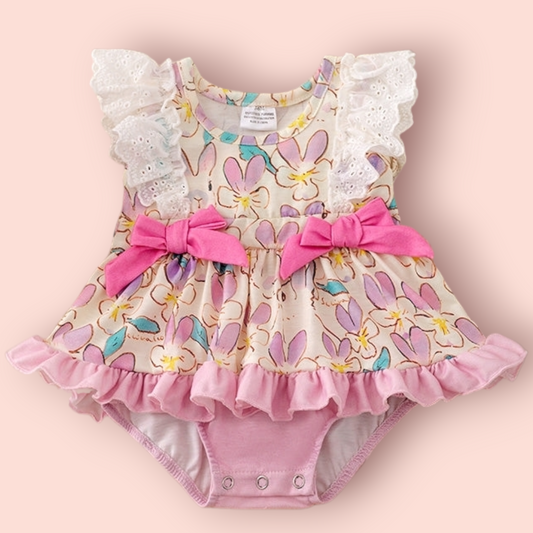 Bunny Blooms Romper floral printed toddler romper with twirl skirt and side bows