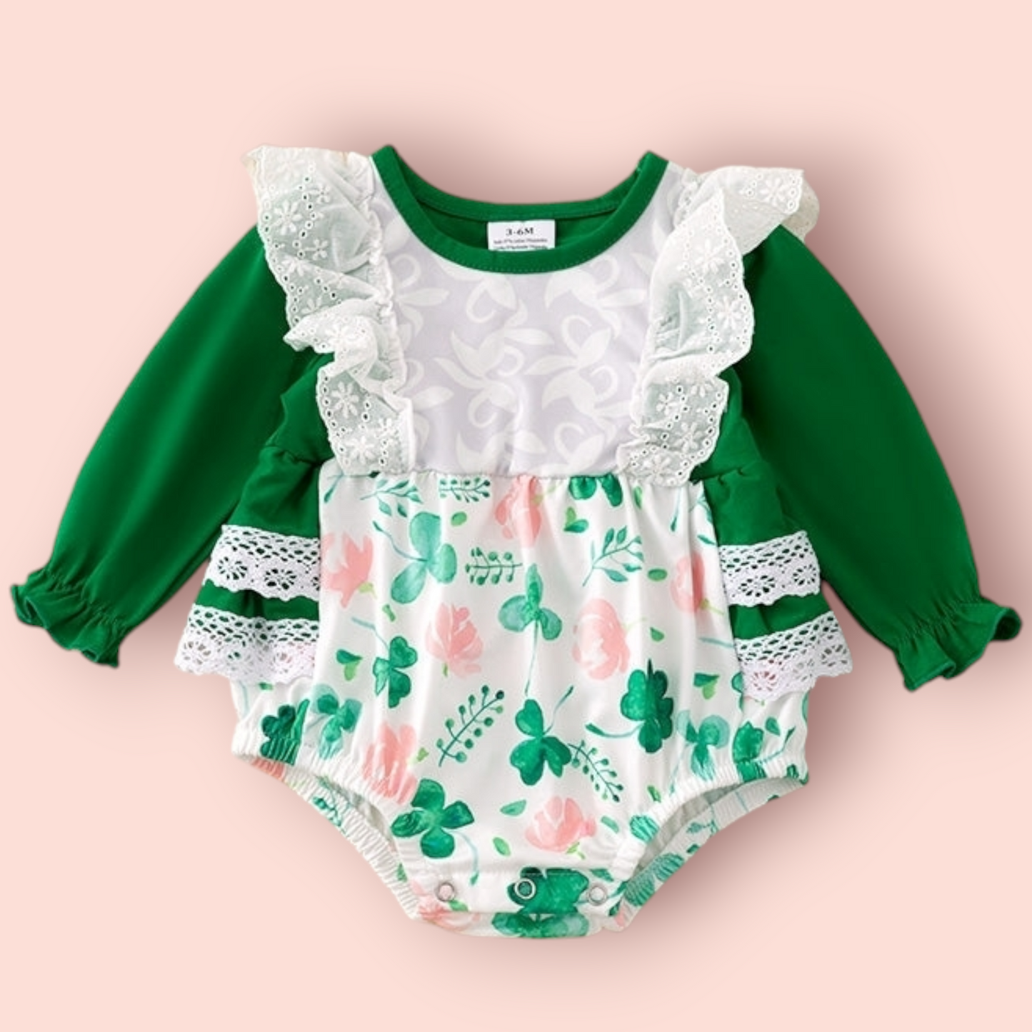 Clover Baby Romper long sleeve onesie with snaps for St. Patrick's Day in soft cotton blend