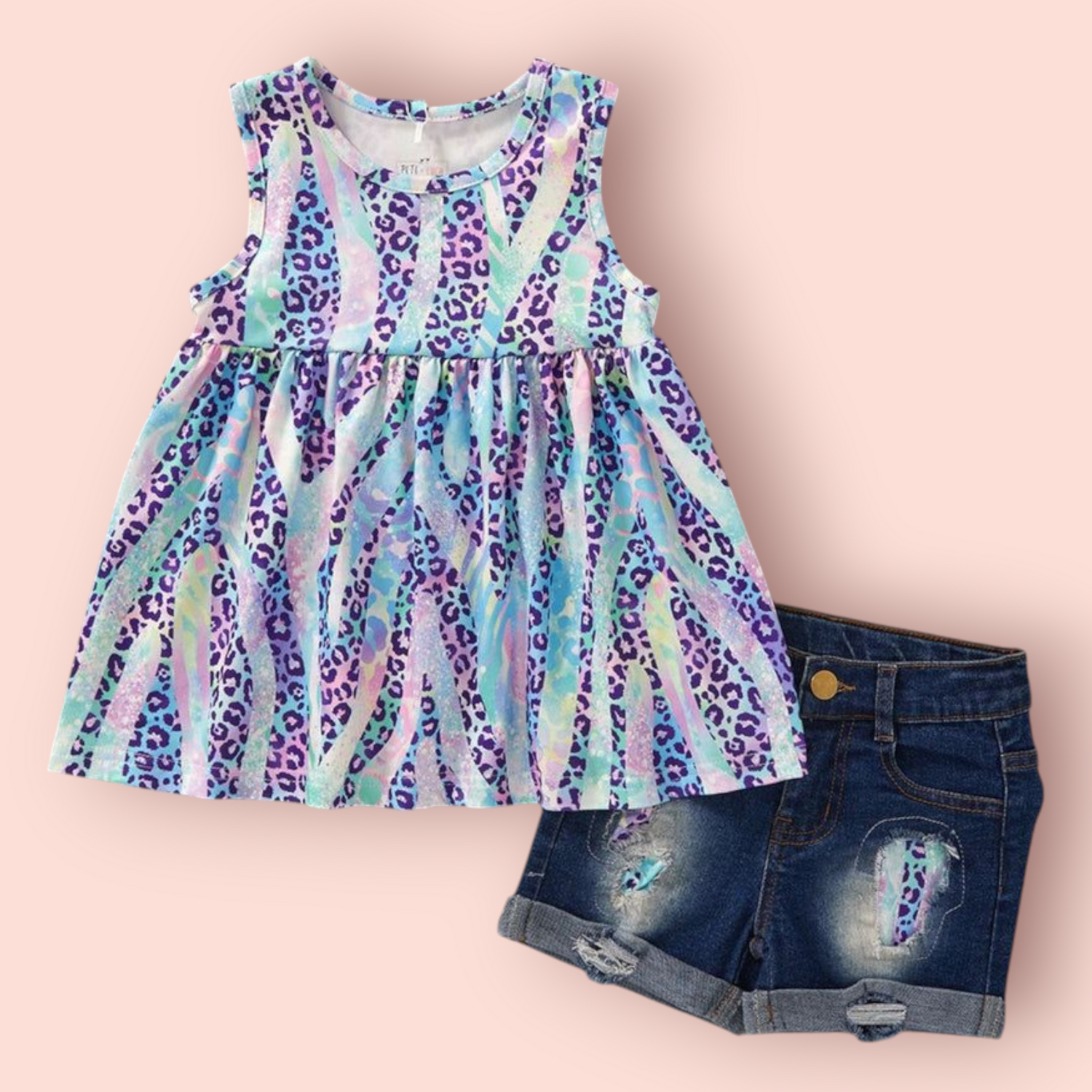 Safari Shimmer Denim Set with colorful animal print top and denim shorts.