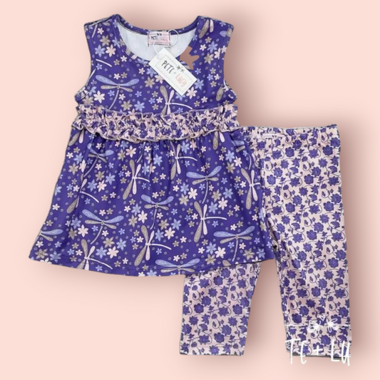 Dragon Fly Dreams Capri Set with purple floral and dragonfly print top and matching floral leggings