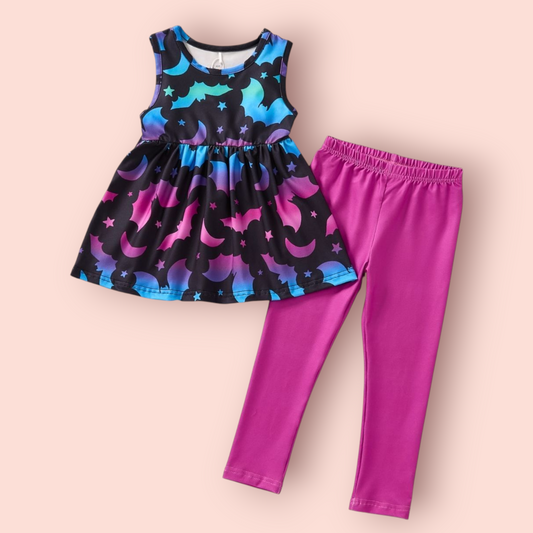 Boo-tiful Bats Outfit with colorful bat print sleeveless top and purple leggings for kids