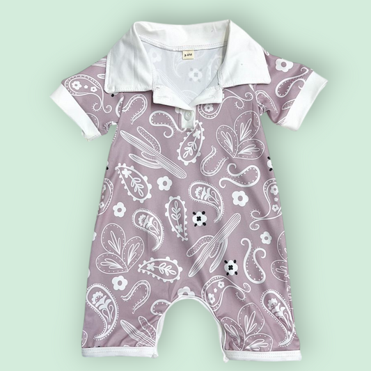 Purple fresco paisley printed baby romper with white collar and cuffs