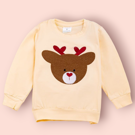 Cream-colored reindeer sweatshirt with red antlers and heart-shaped nose design made of cotton and spandex