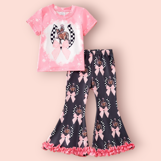 Coquette Horse Two Piece pant set with pink horse and bow design on top and flared pants with ruffled hems