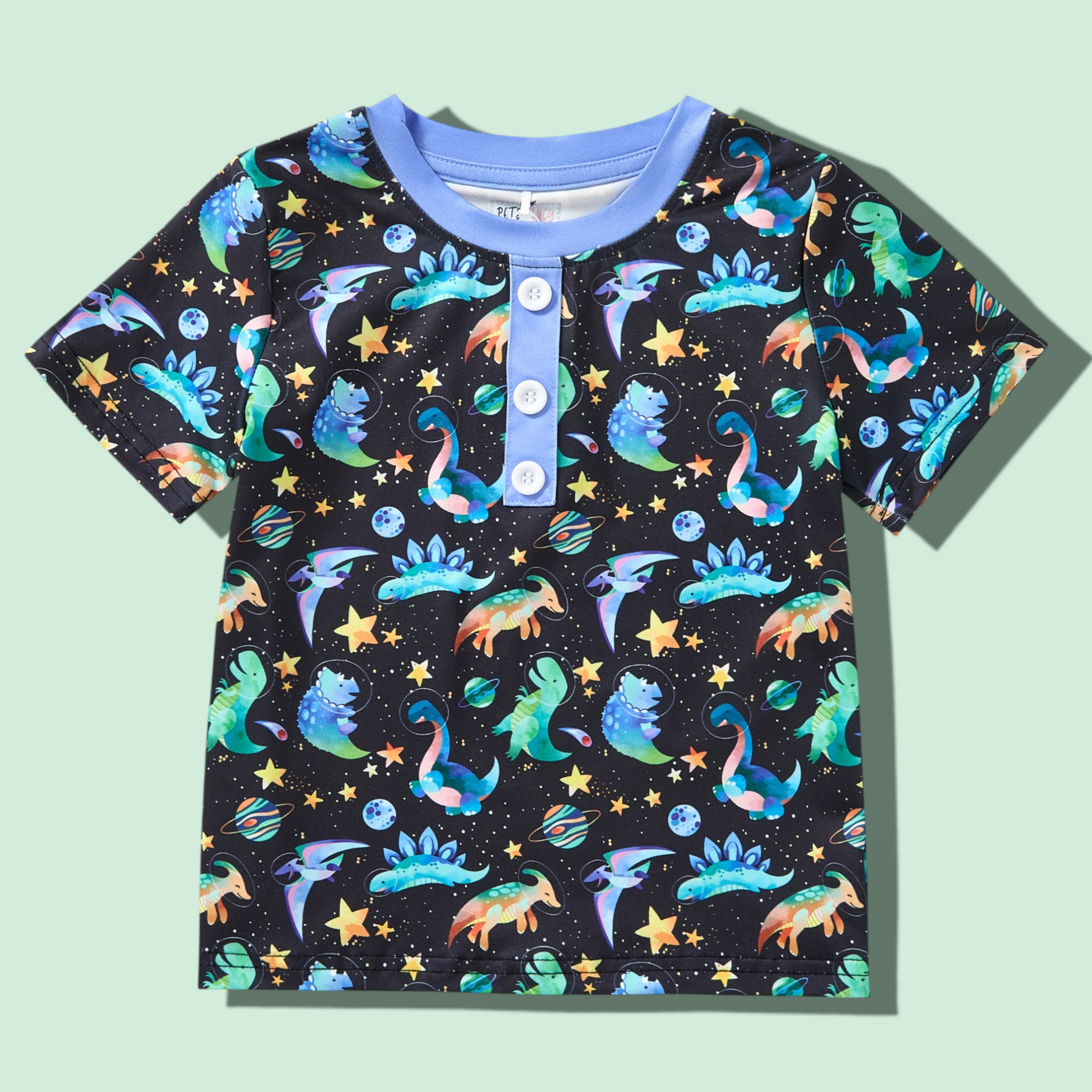 Space Dinos Boy Shirt with polyester plush fabric and dinosaur space design